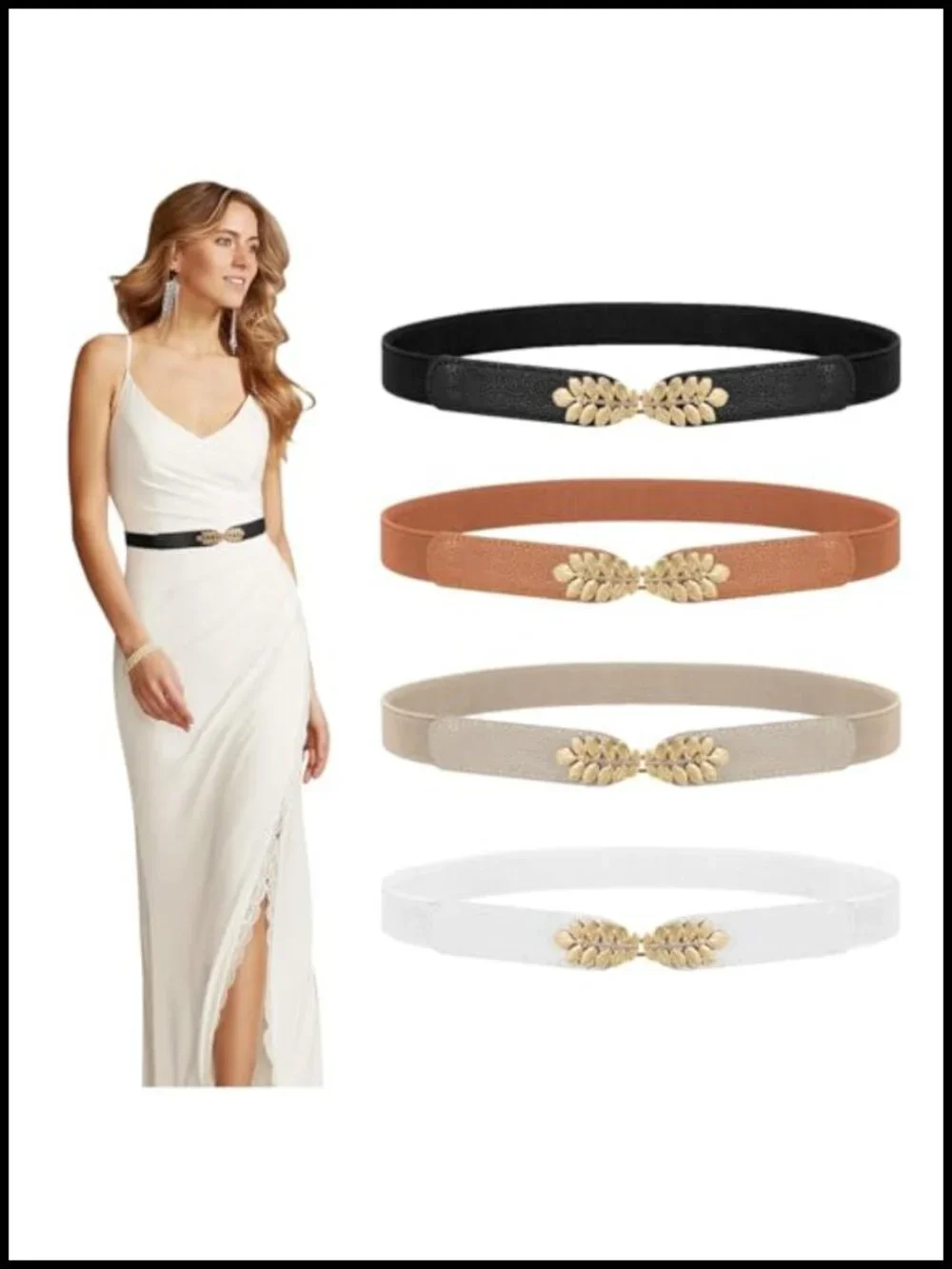 4 Pack Women Skinny Elastic Stretch Belt with Gold Leaf Alloy Clasp, Waist